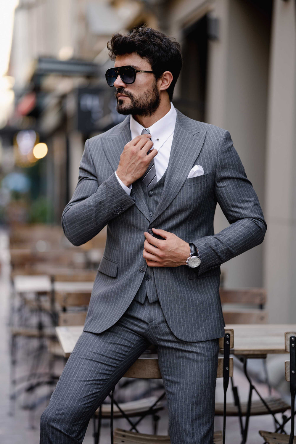 XAYWEAR Men's Grey Striped Slim-Fit Suit 3-Piece Suit