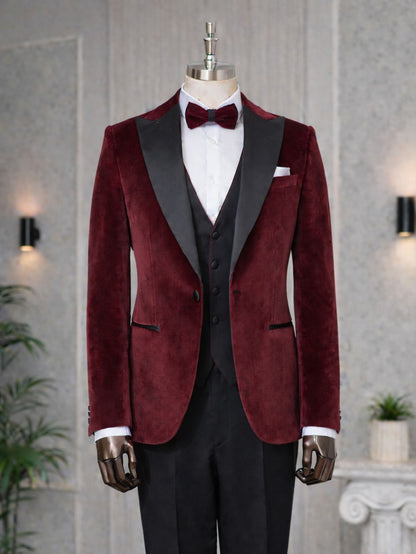 XAYWEAR Bordeaux Velvet Slim-Fit Tuxedo 3-Piece Suit For Men
