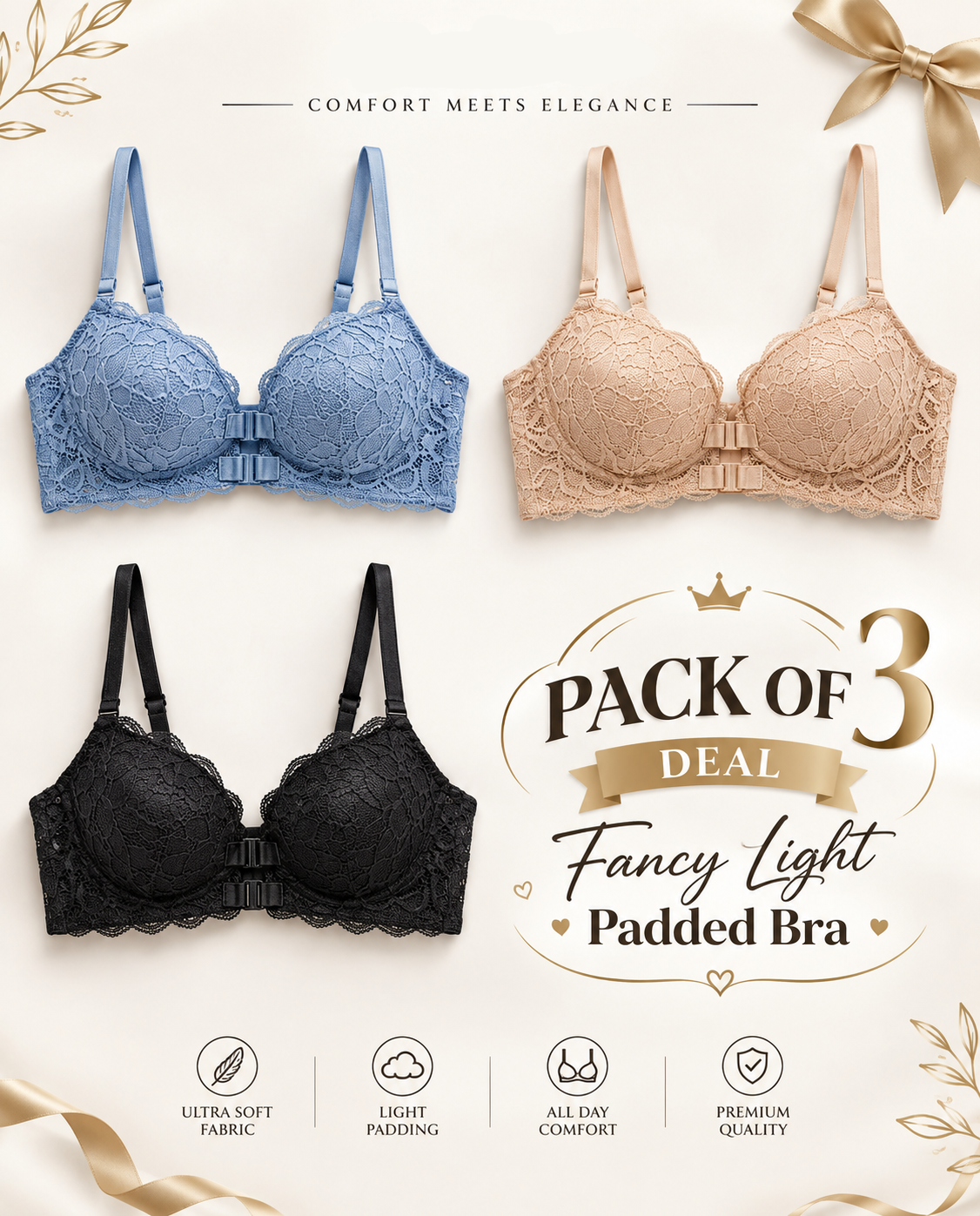 XAYWEAR Fancy Light Padded Bra - PACK OF 3