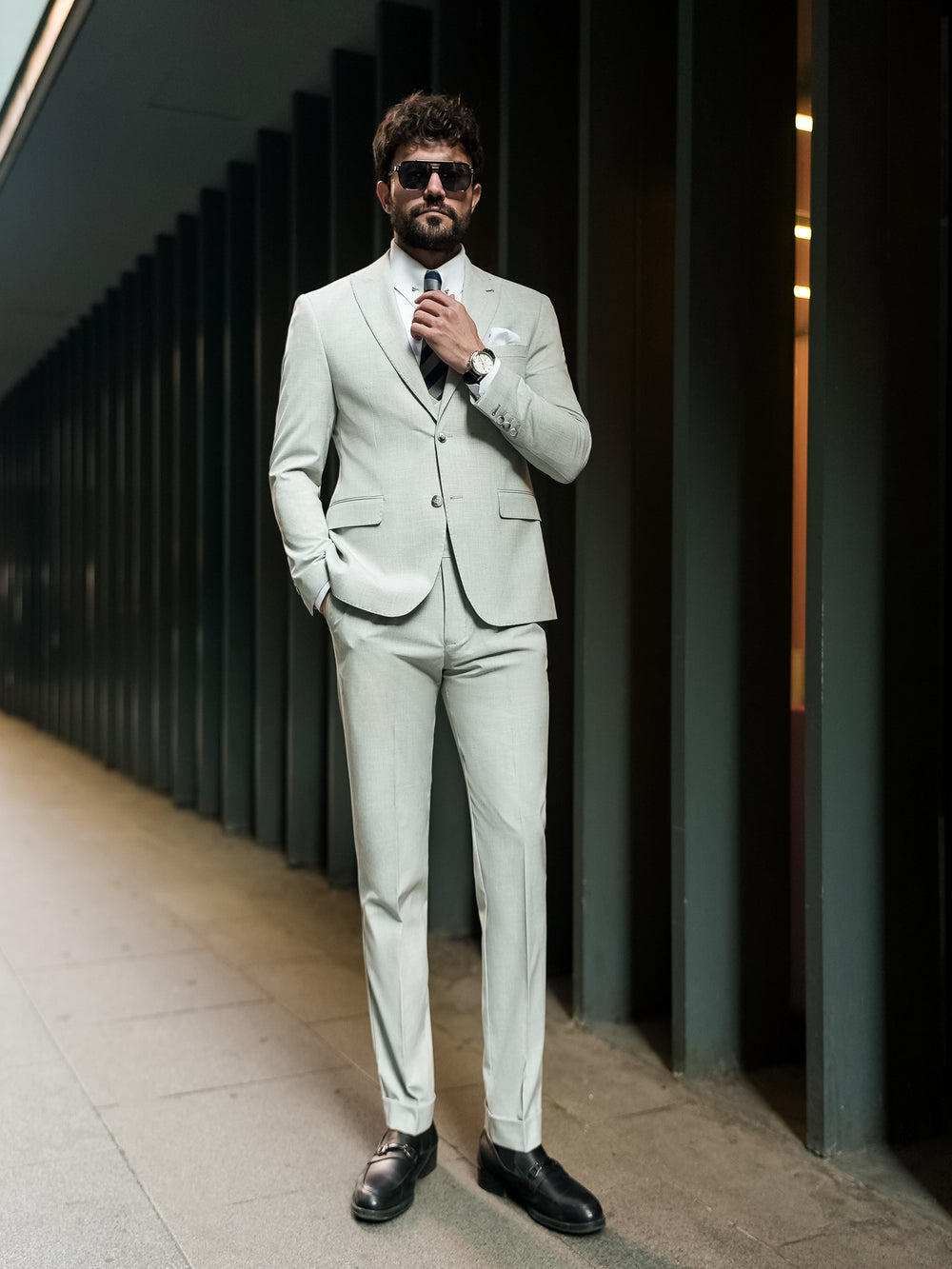 XAYWEAR Mint Green Modern-Fit Suit 3-Piece Suit For Men