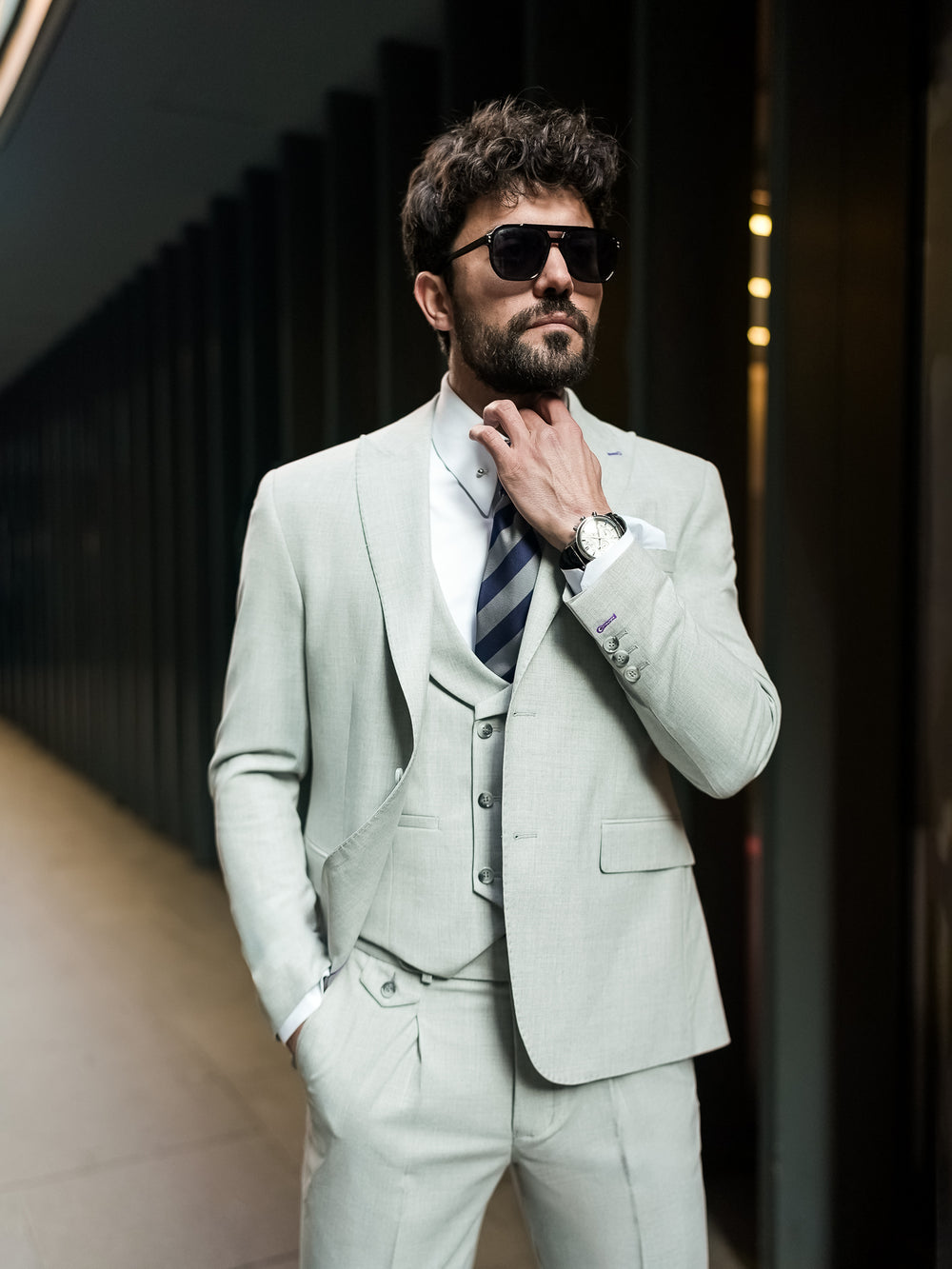 XAYWEAR Mint Green Modern-Fit Suit 3-Piece Suit For Men