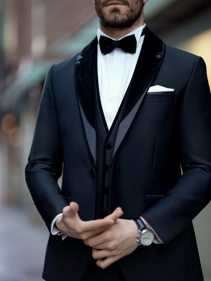 XAYWEAR Luxury Black Slim-Fit Tuxedo 3-Piece Suit For Men