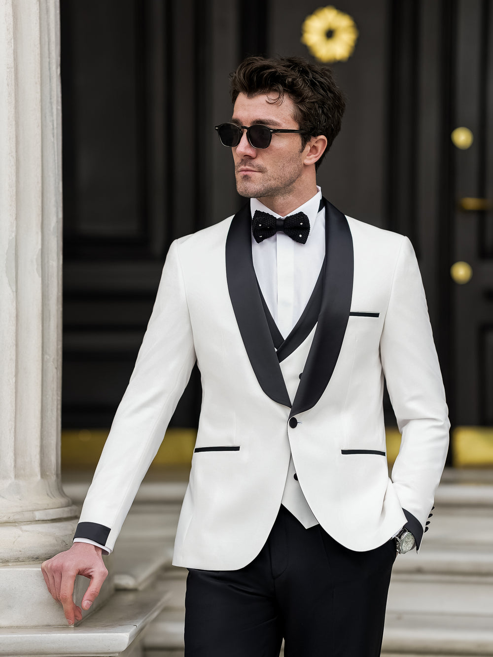 XAYWEAR Men's Premium White & Black Slim-Fit Tuxedo 3-Piece Suit