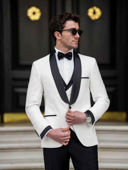 XAYWEAR Men's Premium White & Black Slim-Fit Tuxedo 3-Piece Suit