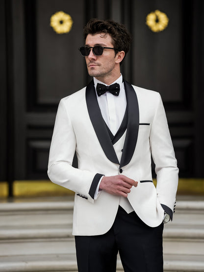 XAYWEAR Men's Premium White & Black Slim-Fit Tuxedo 3-Piece Suit
