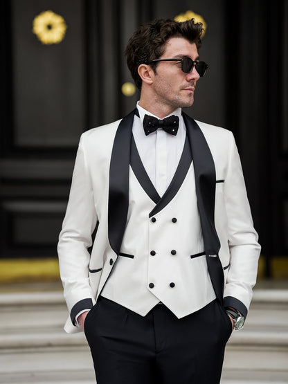 XAYWEAR Men's Premium White & Black Slim-Fit Tuxedo 3-Piece Suit