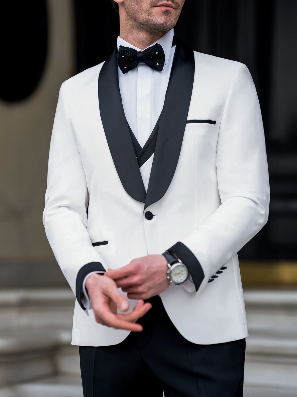 XAYWEAR Men's Premium White & Black Slim-Fit Tuxedo 3-Piece Suit