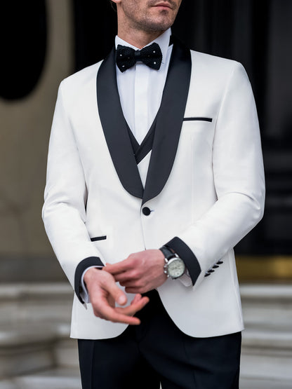 XAYWEAR Men's Premium White & Black Slim-Fit Tuxedo 3-Piece Suit