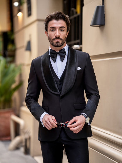 XAYWEAR Men'd Formal Black Slim-Fit Tuxedo 3-Piece Suit