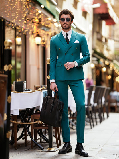 XAYWEAR Green  Double Breasted Suit 2-Piece For Men