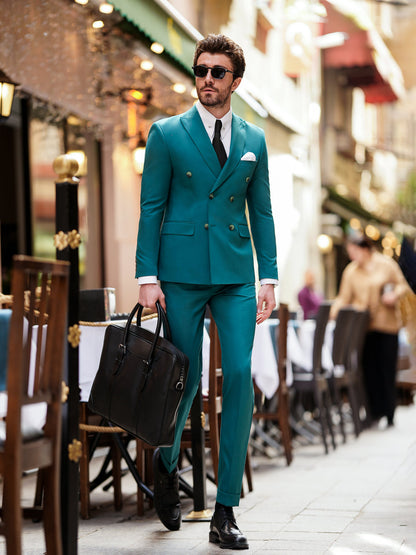 XAYWEAR Green  Double Breasted Suit 2-Piece For Men