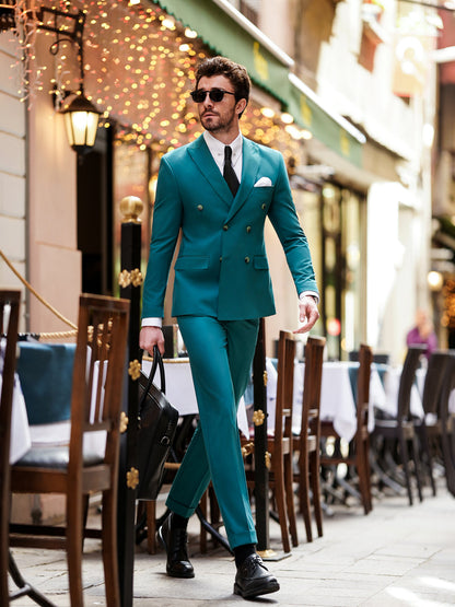 XAYWEAR Green  Double Breasted Suit 2-Piece For Men