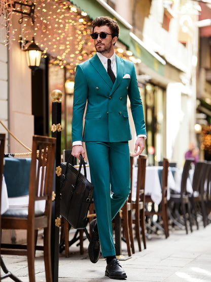 XAYWEAR Green  Double Breasted Suit 2-Piece For Men