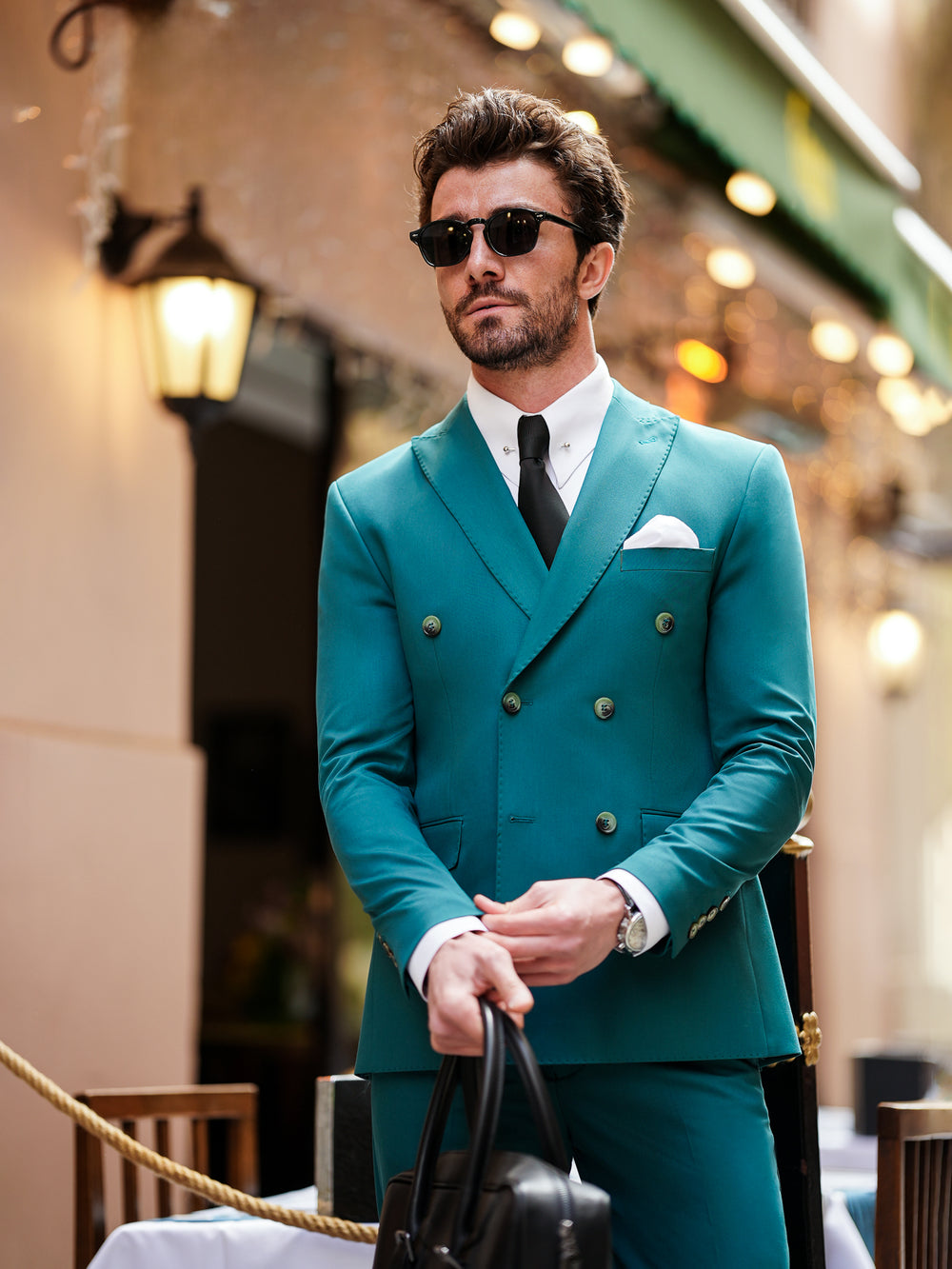 XAYWEAR Green  Double Breasted Suit 2-Piece For Men