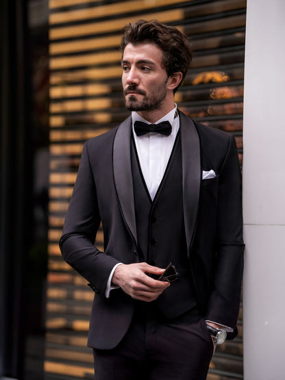 XAYWEAR Black Slim-Fit Tuxedo 3-Piece Suit For Men