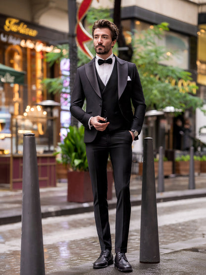 XAYWEAR Black Formal Slim-Fit Tuxedo 3-Piece Suit For Men