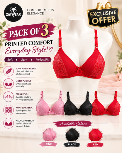 XAYWEAR PACK OF 3 - Women’s Black Lace Padded Bra