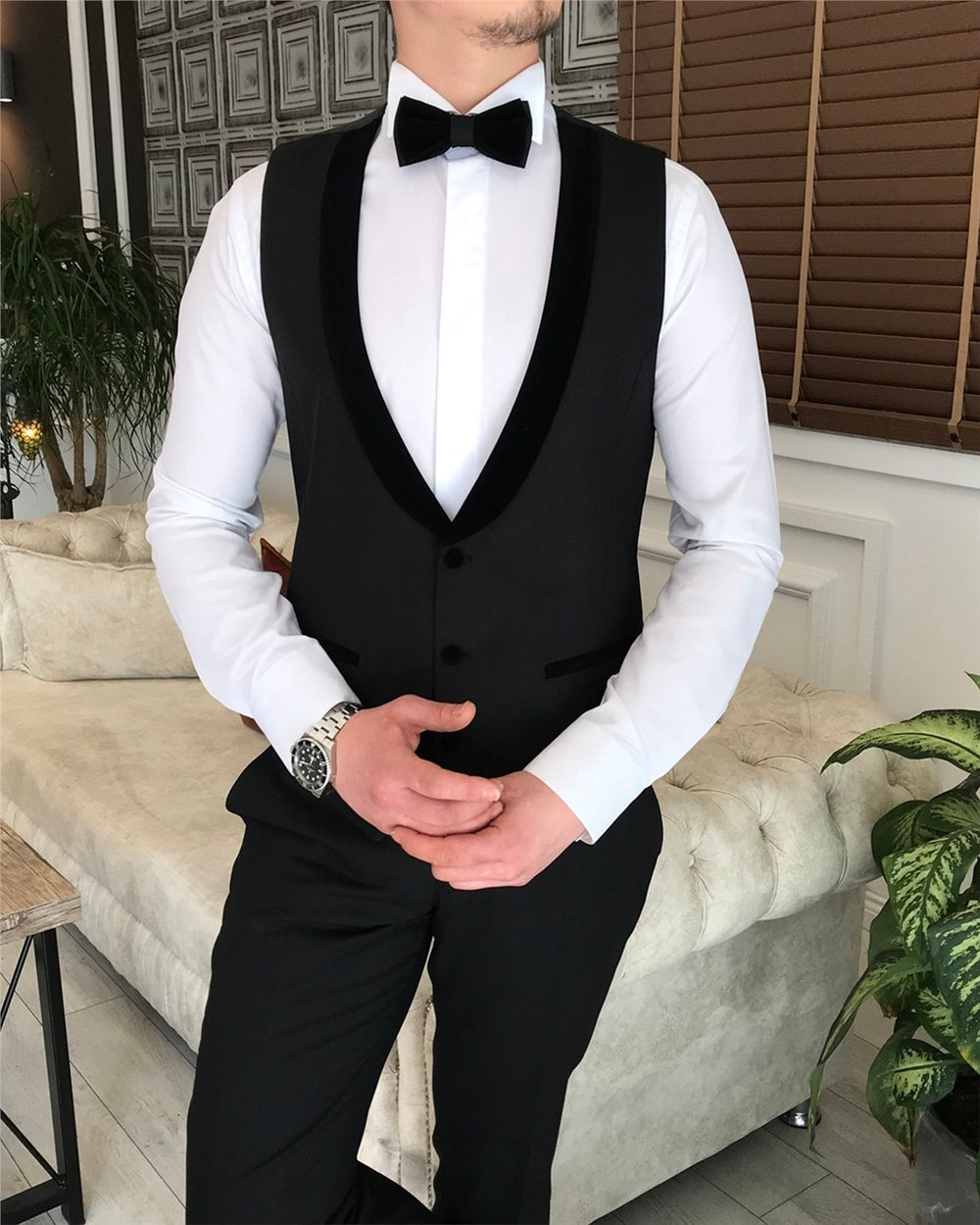 XAYWEAR Men's Black Slim-Fit Tuxedo 3-Piece