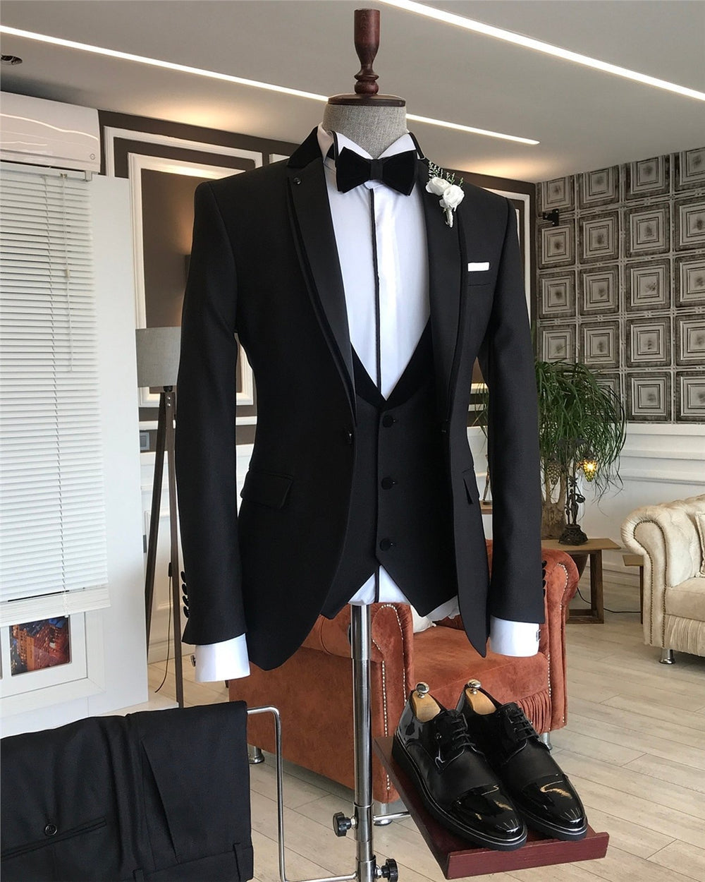 XAYWEAR Men's Black Slim-Fit Tuxedo 3-Piece