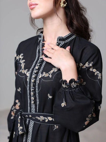 XAYWEAR Women's Rubin Black Leaf Pattern Dress