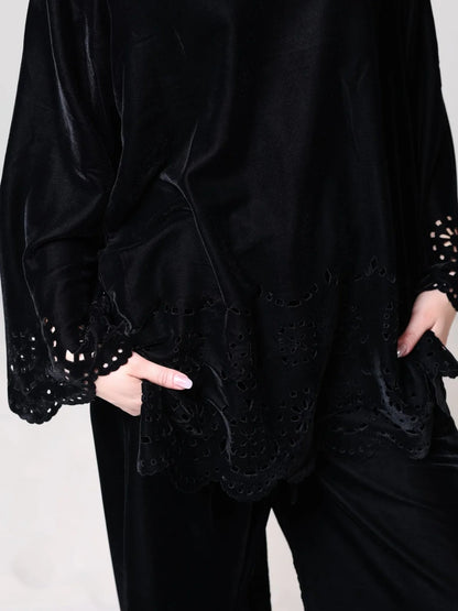 XAYWEAR Women's Eloise Black Velvet Cut Work Co Ord Set