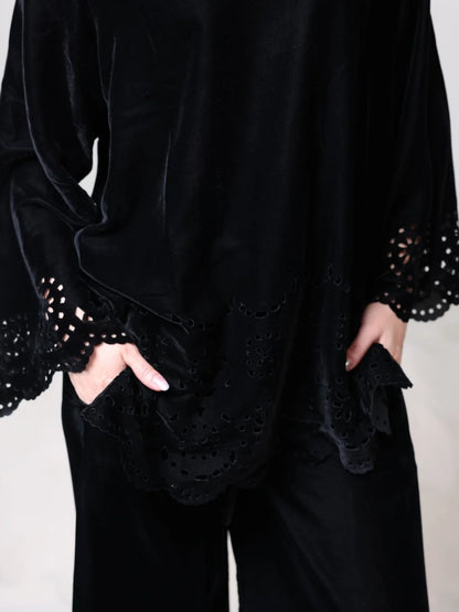 XAYWEAR Women's Eloise Black Velvet Cut Work Co Ord Set
