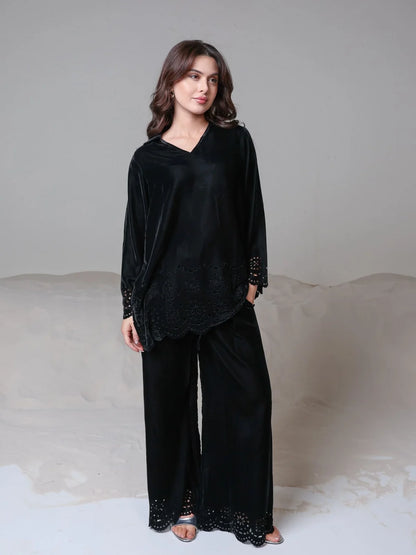 XAYWEAR Women's Eloise Black Velvet Cut Work Co Ord Set