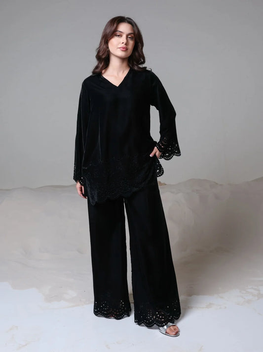 XAYWEAR Women's Eloise Black Velvet Cut Work Co Ord Set