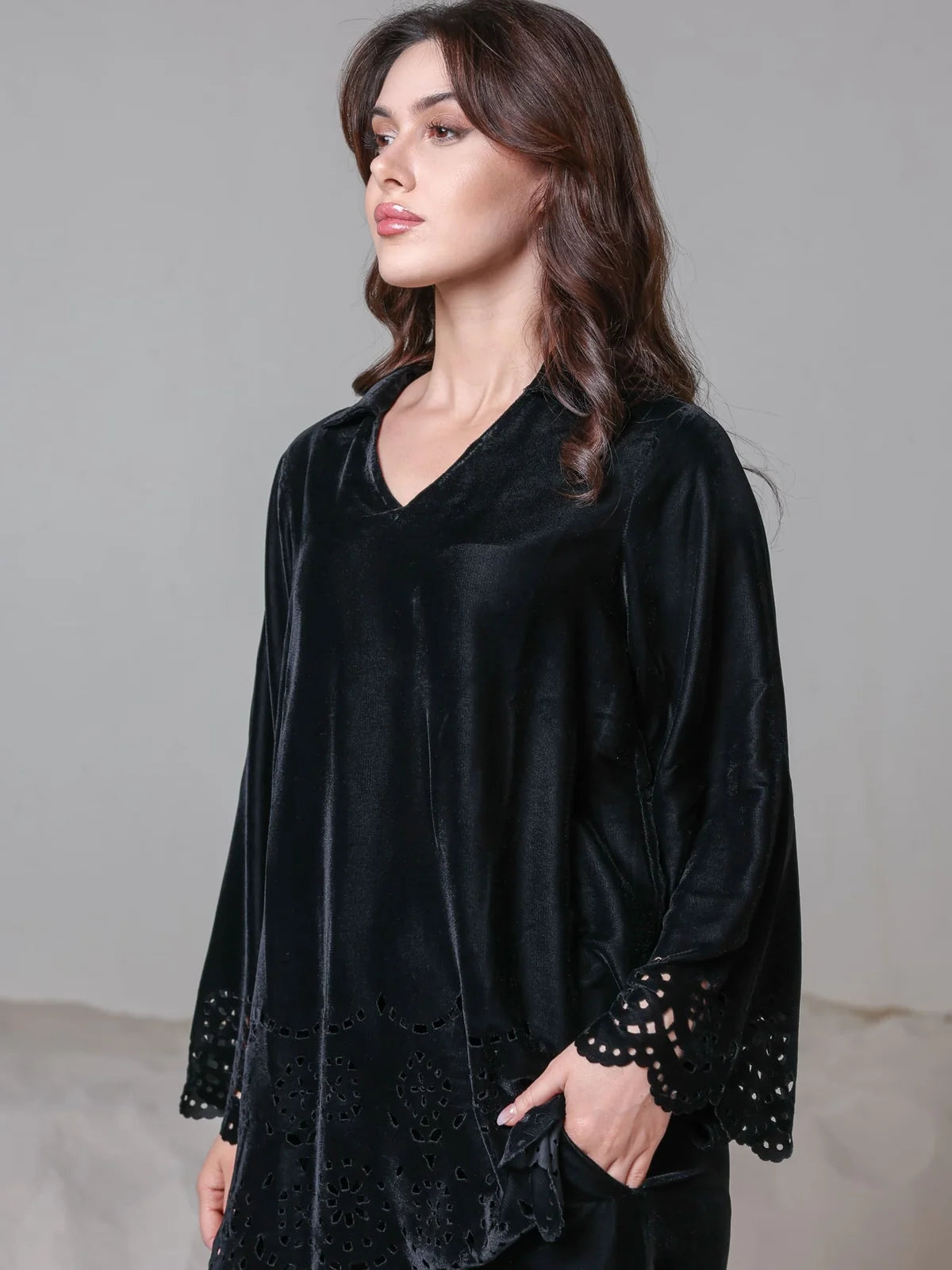 XAYWEAR Women's Eloise Black Velvet Cut Work Co Ord Set