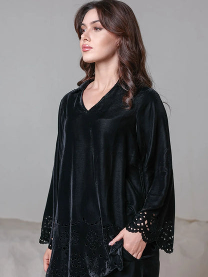 XAYWEAR Women's Eloise Black Velvet Cut Work Co Ord Set