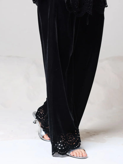 XAYWEAR Women's Eloise Black Velvet Cut Work Co Ord Set