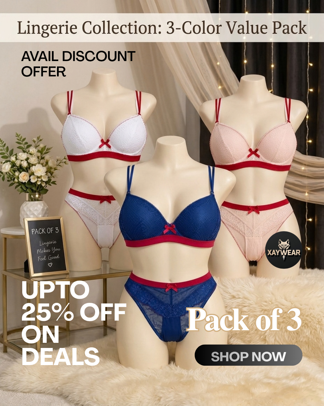 XAYWEAR PACK OF 3 - Women's Fancy Bra and Panty Sets Deal