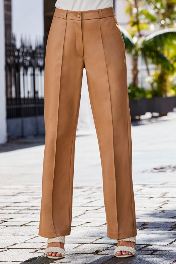 XAYWEAR Tan Faux Leather Wide Leg Trousers
