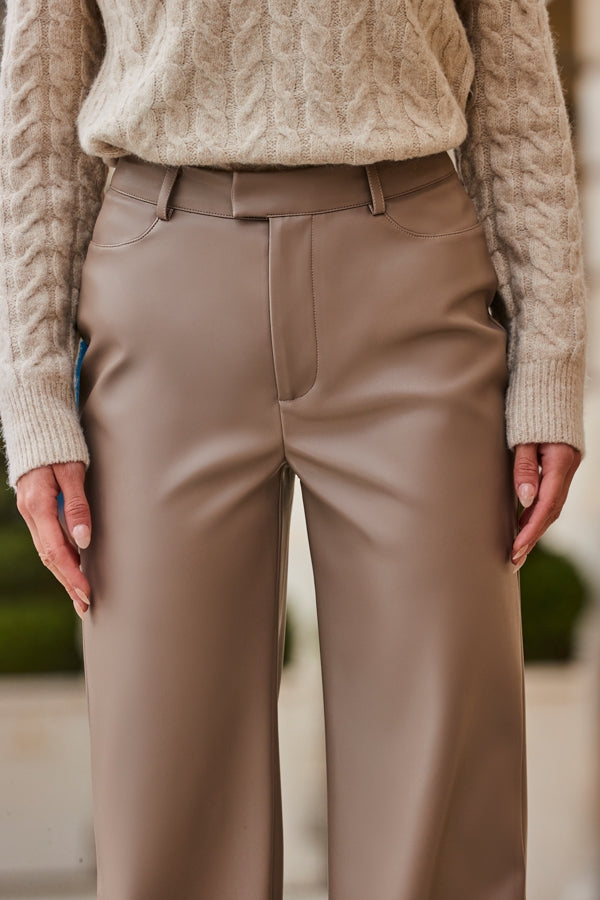 XAYWEAR Women's Taupe Faux Leather Wide Leg Trousers