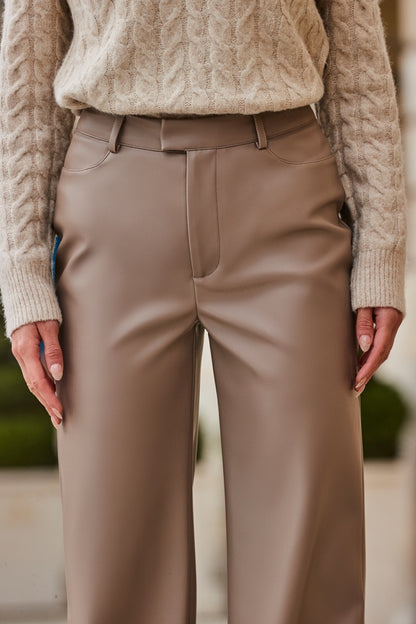 XAYWEAR Women's Taupe Faux Leather Wide Leg Trousers