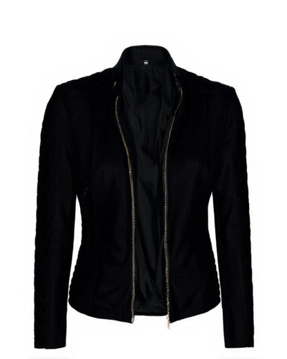 XAYWEAR black leather jacket for women biker style with front zipper and fitted design