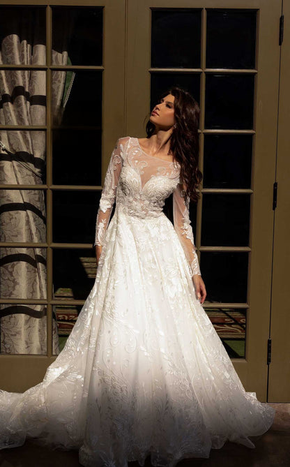 XAYWEAR elegant bridal ball gown with lace sleeves and intricate floral detailing on full skirt