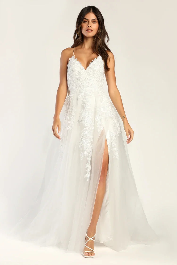 XAYWEAR white bridal dress gown with lace bodice and thigh-high slit on model