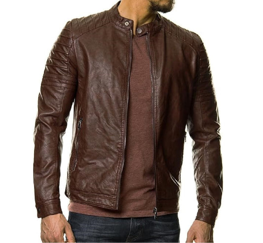 XAYWEAR brown leather jacket biker style with quilted shoulder design and zippered pockets