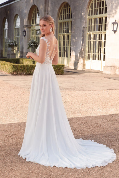 XAYWEAR elegant chiffon wedding dress gown with lace back and flowing train on woman outdoors