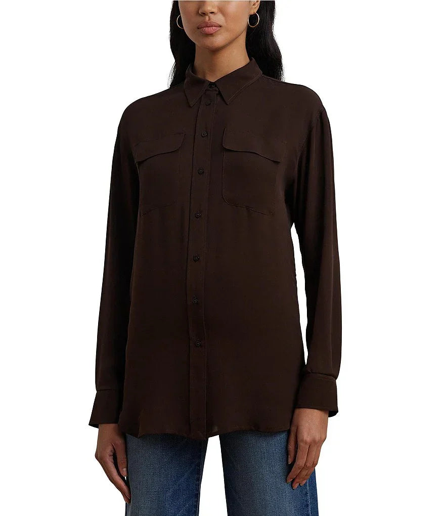 XAYWEAR classic button-up shirt for women in brown with two front pockets and long sleeves