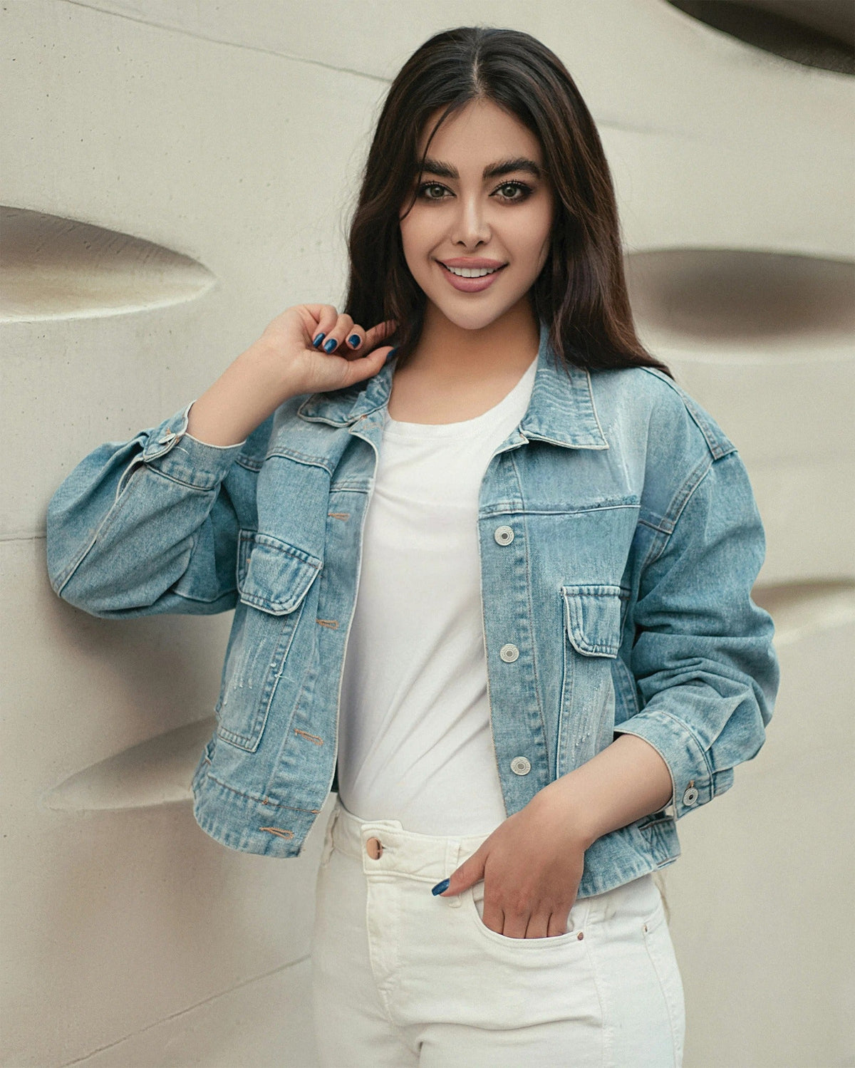 XAYWEAR denim jacket for women styled with white shirt and pants for casual look