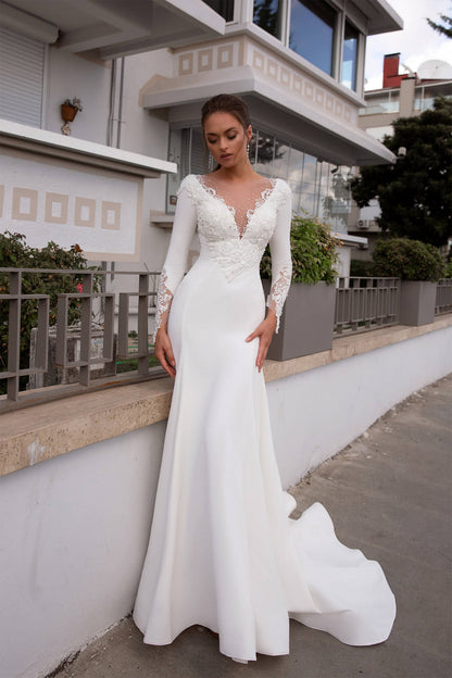 XAYWEAR elegant white bridal dress gown with long lace sleeves and V-neck design