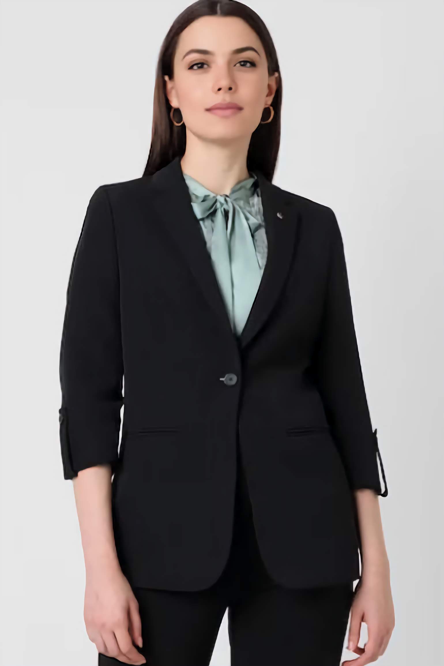 XAYWEAR formal black blazer for women with single button and tailored fit worn by model