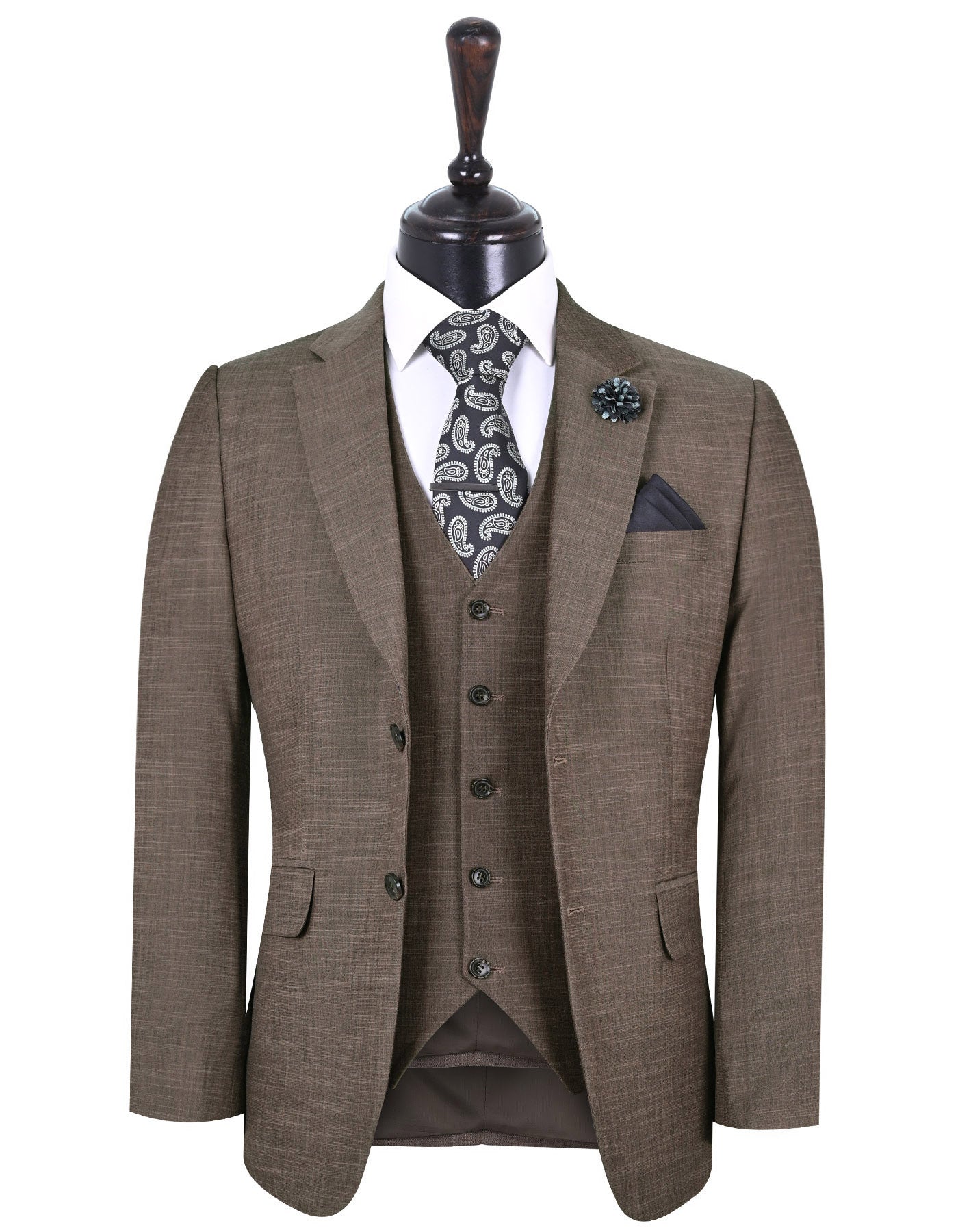 XAYWEAR brown formal wear suit for men with matching vest and paisley tie on mannequin