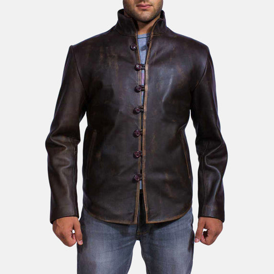 High quality mandarin leather coat with button closure and a stylish design for a refined look