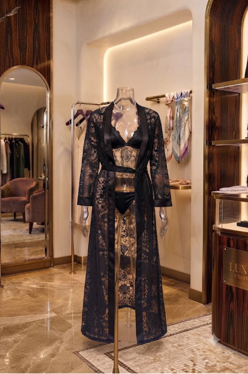 XAYWEAR Luxury 3-Piece Floral Net Lingerie Long Gown with Bra & Panty Set