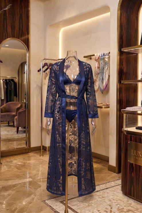 XAYWEAR Luxury 3-Piece Floral Net Lingerie Long Gown with Bra & Panty Set