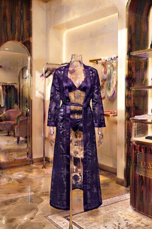 XAYWEAR Luxury 3-Piece Floral Net Lingerie Long Gown with Bra & Panty Set