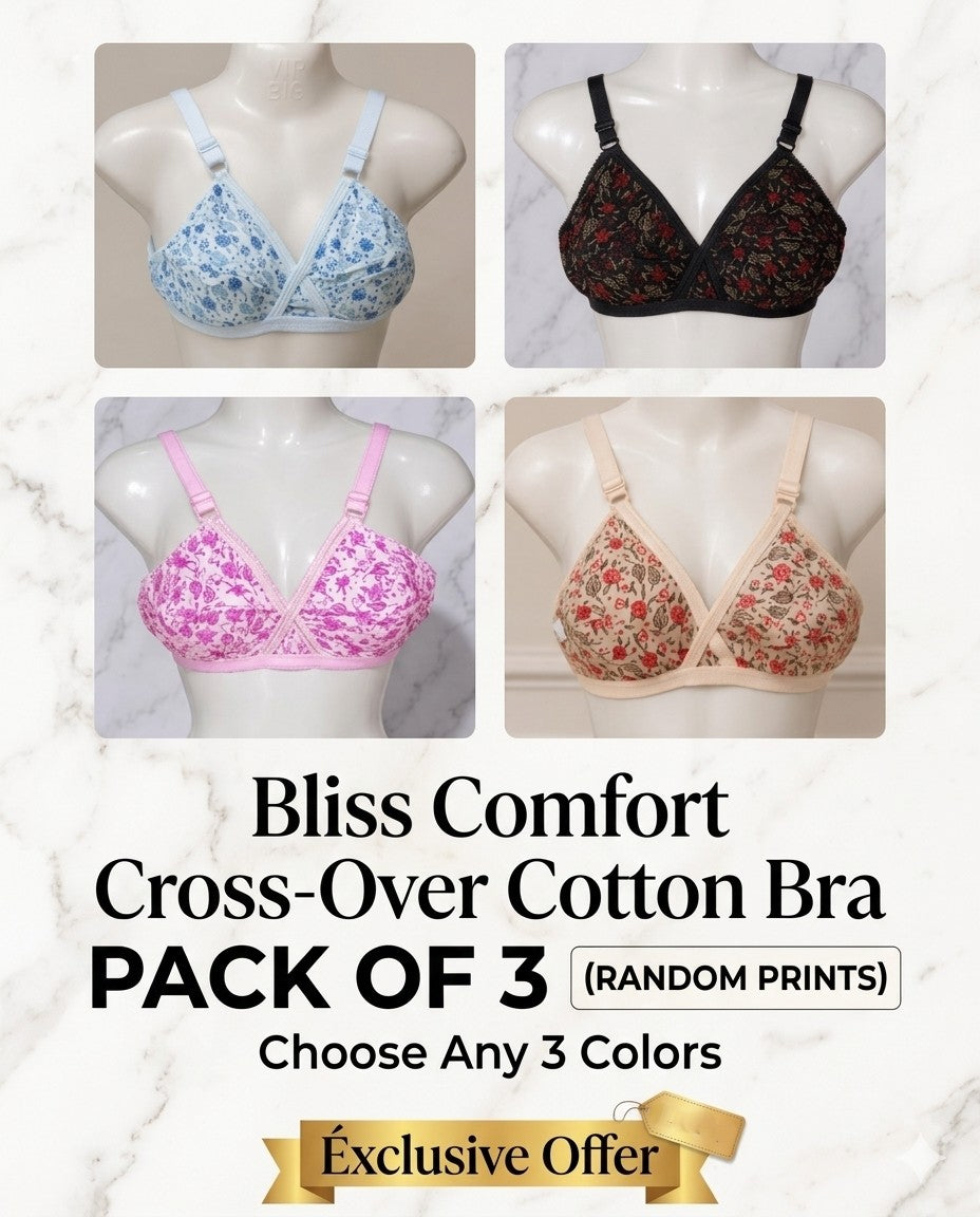 XAYWEAR Bliss Comfort Cross-Over Cotton Bra - PACK OF 3  (Random Prints)